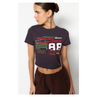 Trendyol Anthracite 100% Cotton Slogan Print Fitted Crop Knitted T-Shirt