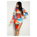 Red Blue Long Sleeve Abstract High Low Dress