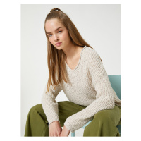 Koton V-Neck pletený svetr s dlouhým rukávem žebrovaný