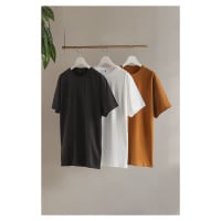 Trendyol Dark Brown-Orange-Ecru Slim/Slim Cut Crew Neck 100% Cotton 3-Pack T-Shirt