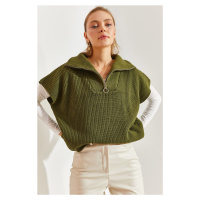 Bianco Lucci Women's Collar Zippered Short Sleeve Knitwear Sweater