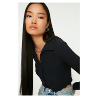 Trendyol Navy Blue Buttoned Fitted/Situated Polo Neck Crepe/Textured Crop Knitted Blouse