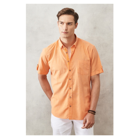 AC&Co / Altınyıldız Classics Men's Orange Comfort Fit Button-down Collar Linen Look 100% Cotton 