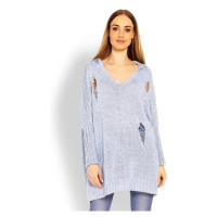 Modrý oversize svetr s kapucí a dekorativními dírami pro dámy