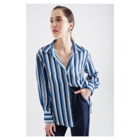 Lafaba Women's Navy Blue Striped Satin Shirt