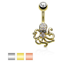 Ocelový piercing do bříška - chobotnička, čiré a černé zirkony - Barva piercing: Zlatá