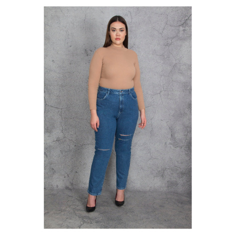 Şans Women's Large Size Blue Ripped Detailed Jeans Pants