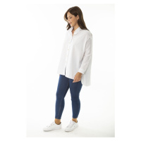 Şans Women's Plus Size White Shirt with Metal Buttons in the Front and Long Back Slits