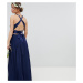 TFNC Petite Pleated Maxi Bridesmaid Dress with Cross Back and Bow Detail-Navy