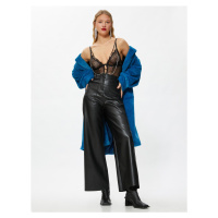 Koton Wide Leg Trousers Leather Look with Mini Pockets