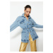 Trendyol Light Blue Elastic Waist Gold Button Detailed Oversize Long Denim Jacket