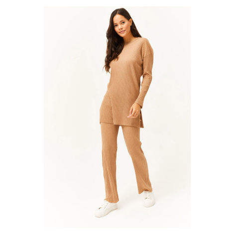 Olalook Women's Camel Top Slit Blouse Bottom Palazzo Ribbed Suit