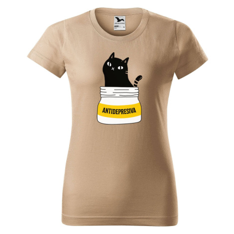 DOBRÝ TRIKO Dámské tričko s potiskem s kočkou ANTIDEPRESIVA Barva: Písková