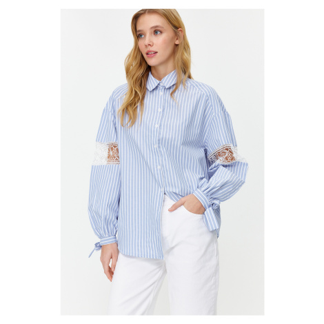 Trendyol Blue Sleeve Brode Detail Cotton Blended Striped Woven Shirt