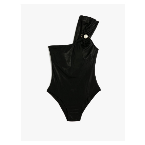 Koton One Shoulder Swimsuit With Metal Accessory Detail Shiny Fabric.