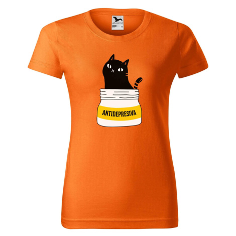 DOBRÝ TRIKO Dámské tričko s potiskem s kočkou ANTIDEPRESIVA Barva: Oranžová