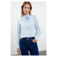 Trendyol Blue Regular Fit Woven Shirt with Closed Collar Ruffle Detail