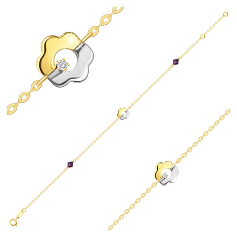 Náramek ze 14karátového kombinovaného zlata - květina, fialové krystaly Swarovski Šperky eshop