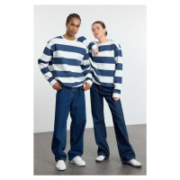 Trendyol Indigo-Ecru Oversize/Wide Cut Crew Neck Striped Polar Fleece Inside Cotton Sweatshirt