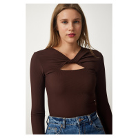 Happiness İstanbul Women's Brown Cut Out Detailed Corded Knitted Blouse