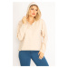 Şans Women's Plus Size Beige Hooded Lycra Sweatshirt with Side Slits