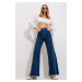 Trend Alaçatı Stili Women's Blue Five Pockets Lycra Leg Tassel Palazzo Denim Trousers