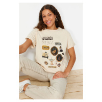 Trendyol Premium Stone 100% Cotton Printed Boyfriend Crew Neck Knitted T-Shirt
