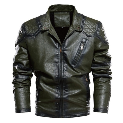 Pánská kožená bunda na zip motorkářská - ZELENÁ