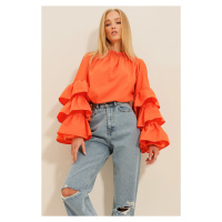 Trend Alaçatı Stili Women's Orange Turtleneck Sleeve Flounce Woven Blouse