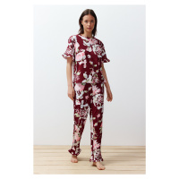 Trendyol vínovo-multi barevný 100% bavlněný květinový pletený pyžamový set s volánky