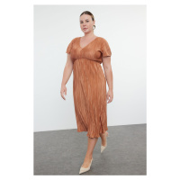 Trendyol Curve Brown Reversible Pleated Midi Plus Size Dress