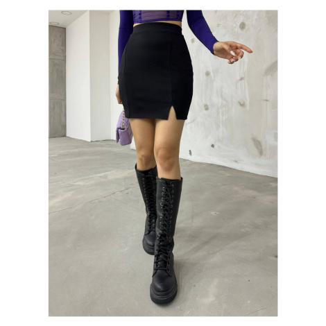BİKELİFE Women's Black High Waist Slit Detail Mini Skirt