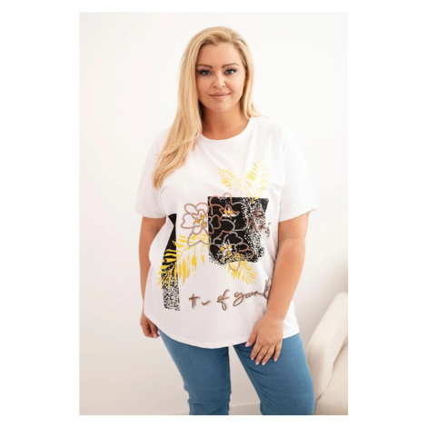 Kesi Włoski Dámská bavlněná halenka Plus Size s ozdobným květinovým potiskem bílá + žlutá