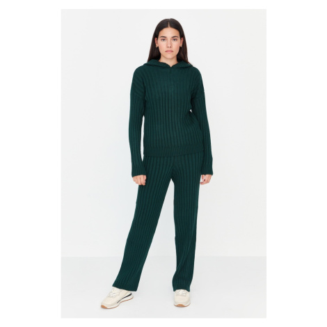 Trendyol Dark Green Hooded Roving Knitted Knitwear Sweater