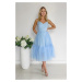 Světle modré midi šaty s týlní sukní