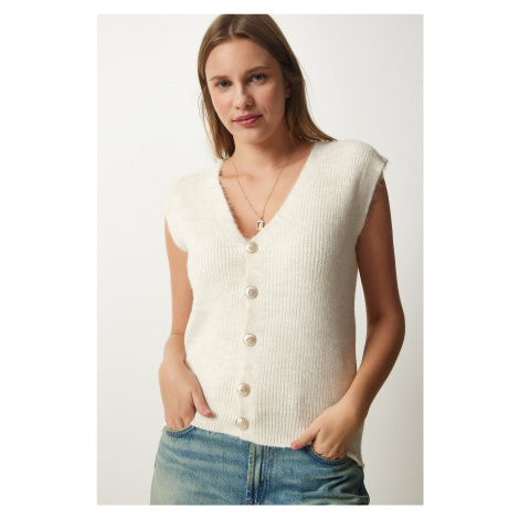 Happiness İstanbul Women's Cream Wool Knitwear Vest with Metal Buttons
