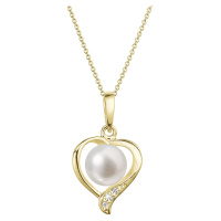 Evolution Group Zlatý 14 karátový náhrdelník srdce s bílou říční perlou a brilianty 92PB00049