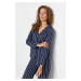 Trendyol Indigo 100% bavlněná pruhovaná košile-kalhoty pletené pyžamové soupravy
