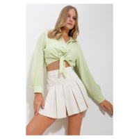 Trend Alaçatı Stili Women's Peanut Green Double Pocket Front Tie Aerobin Crop Shirt