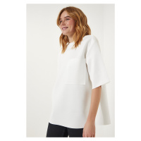 Happiness İstanbul Women's White Back Zipper Detail Knitted Scuba T-Shirt