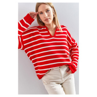 Bianco Lucci Women's Polo Neck Striped Oversize Knitwear Sweater