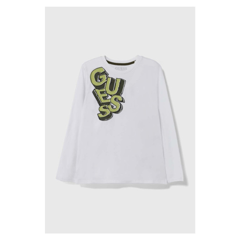 Dětské bavlněné tričko s dlouhým rukávem Guess bílá barva, s potiskem