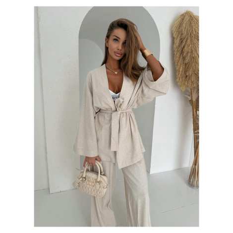 Béžový 100% len kimono komplet ROSELLE