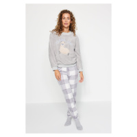 Trendyol Gray Wellsoft Lama Pattern T-shirt-Pants and Knitted Pajamas Set