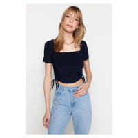 Trendyol Navy Blue Square Collar Shirring Detail Fitted/Slippery Knitted Blouse with Crop