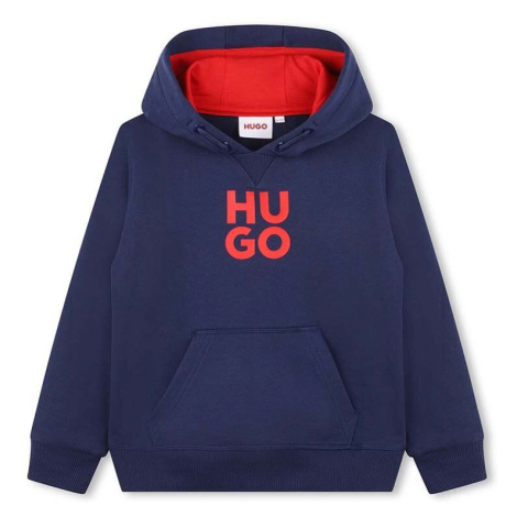 Dětská mikina HUGO tmavomodrá barva, s kapucí, s potiskem Hugo Boss