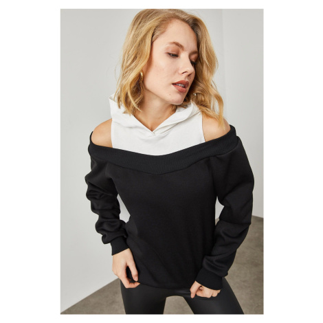 XHAN Women's Black Shoulder Detailed Sweatshirt