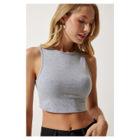 Happiness İstanbul Women's Gray Barbell Neck Crop Knitted Blouse