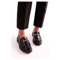 Shoeberry Women's Choc Black Patent Leather Thick Sole Buckle Loafer Black Patent Leather