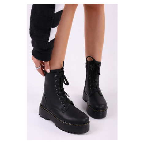 Shoeberry Women's Martin Black Thick Sole Lace Up Boots